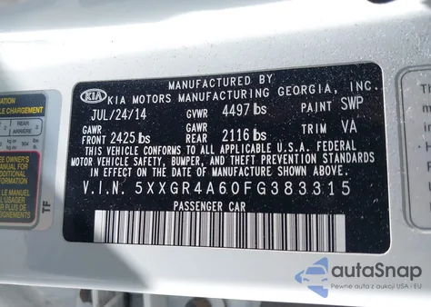 2015 Kia Optima Sx Turbo from USA, damaged, VIN 5XXGR4A60FG383315